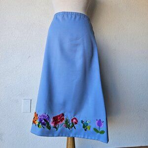 Vintage 70s Light Blue Polyester Handmade Embroidered Floral Flower Skirt XXL